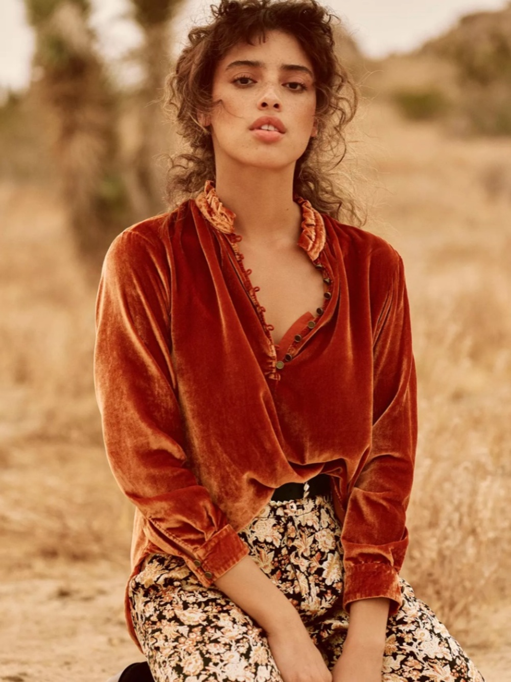 Anthropologie Kristianne Velvet Blouse Size L Rust Orange Shimmer Luxe Boho - Picture 3 of 10